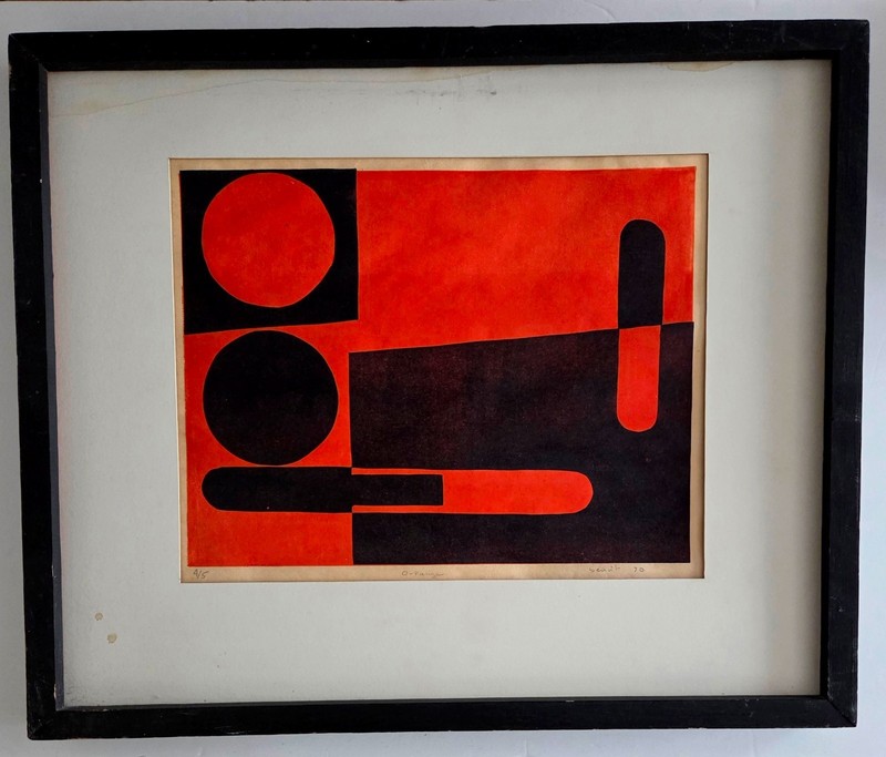 1970 Block Print Geometric Abstraction Red and Black Lim Ed 4 /5 SIGNED