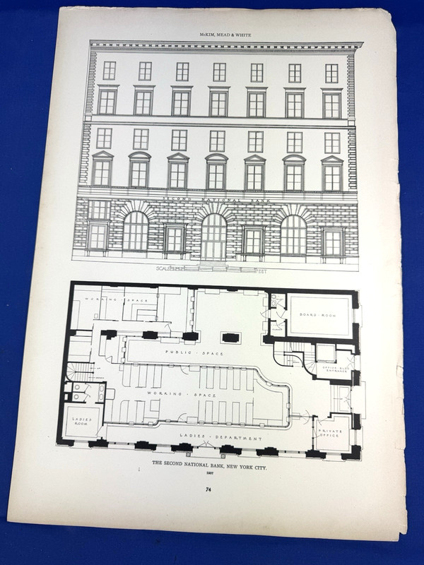 1925 The Second National Bank, NYC & Floor Plan ~ Steel Plate Print 20″ x 13.75″