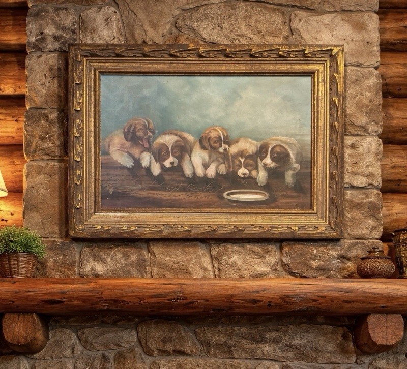 Rare Early «Where is Mother?» c.1890s Canvas Painting Dogs Art Farmhouse Country