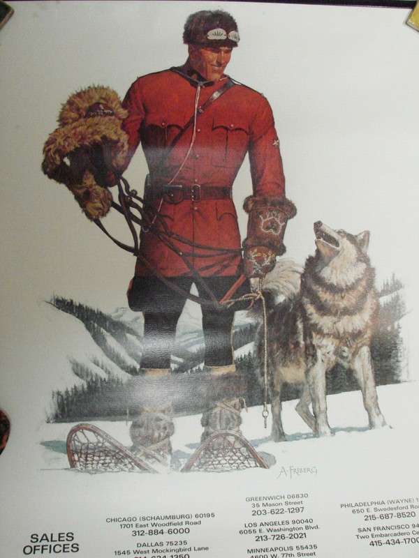 VTG Print Canadian Mountie Dog Winter Snow Shoes Friberg Calendar Pin-up 20×20″
