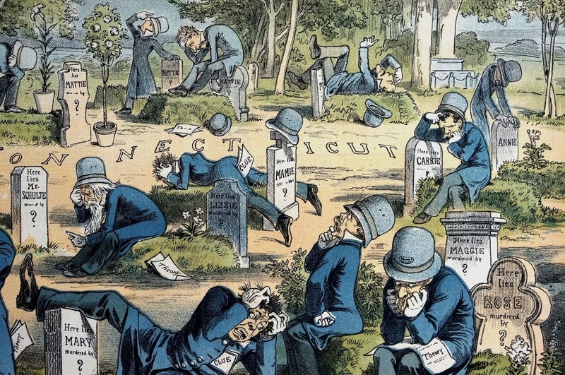 Unsolved Murders 1883 New York DETECTIVES in CEMETERY TOMBSTONES DEAD Puck Print gallery