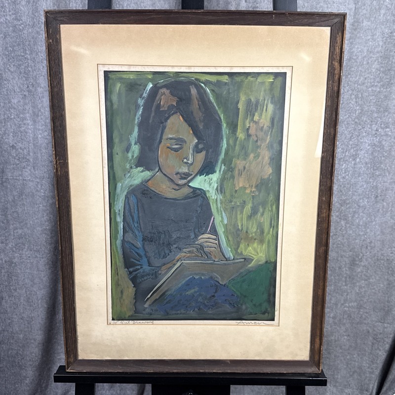 Irving Amen (1918-2011) Print 1/1 “Drawing Girl” Signed 23×30”