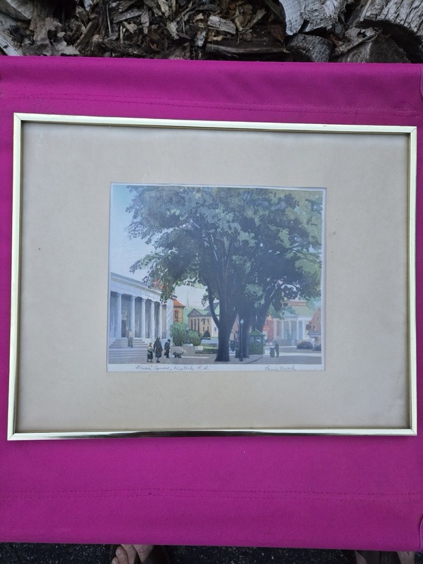 LOUIS NOVAK, ‘DIXON SQUARE, WESTERLY, RI’, signed color woodcut, c.1946.