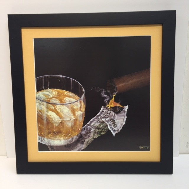 MICHAEL GODARD – FRAMED-BLACK-16″ X 16″ «MONEY TO BURN»- PRINT