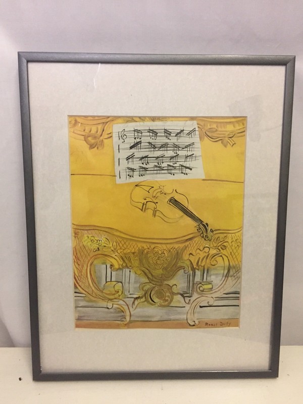Yellow Console with Violin Mini Print Framed By Raoul Dufy Sheet Music Art