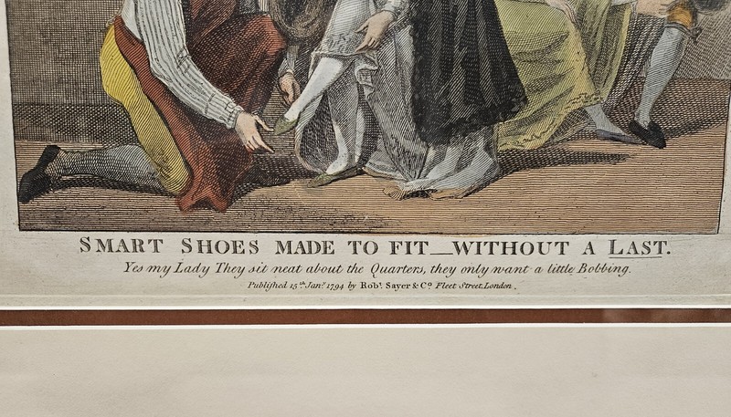 Antique 1794 SMART SHOES MADE TO FIT Robert Sayer Hand Colored Engraving LONDON gallery