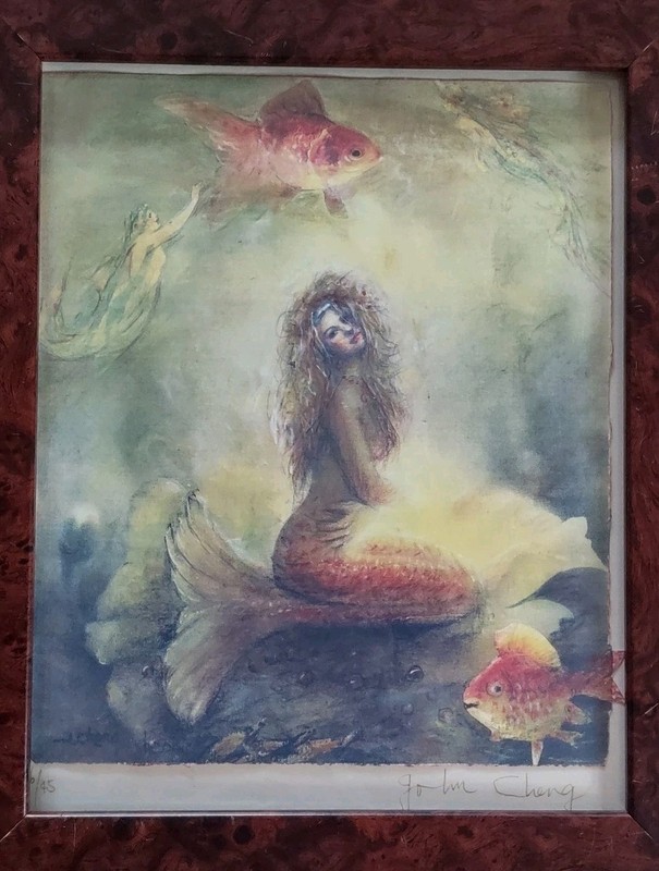 Beautiful and Fanciful John Cheng Print of Mermaids and Goldfish, Signed #6/45