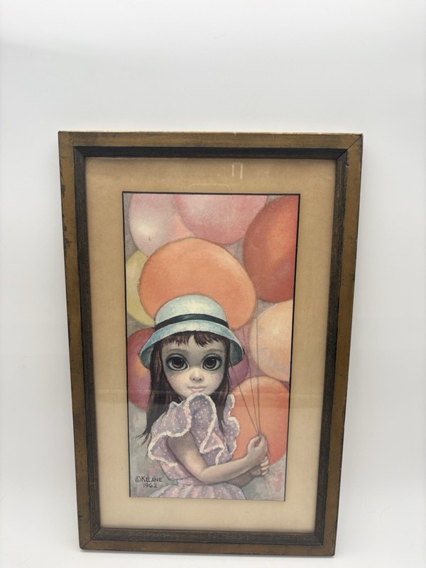 Vintage Keane Print At the Fair 1962 Framed Big Eyes Girl Art