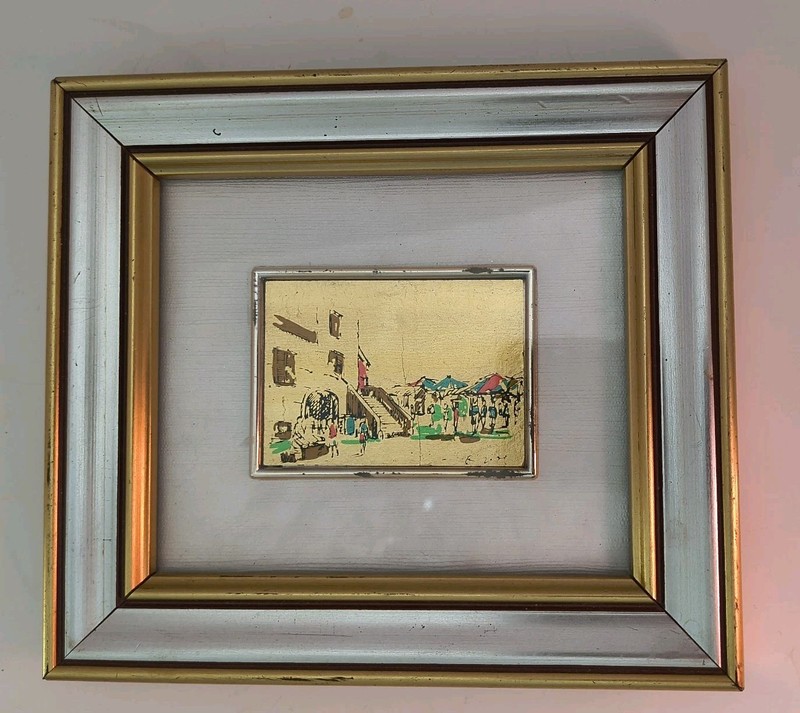 Miniater Gold Leaf Wall Art Italian Street 7″ X 6″ In Silver Tone Frame Italy