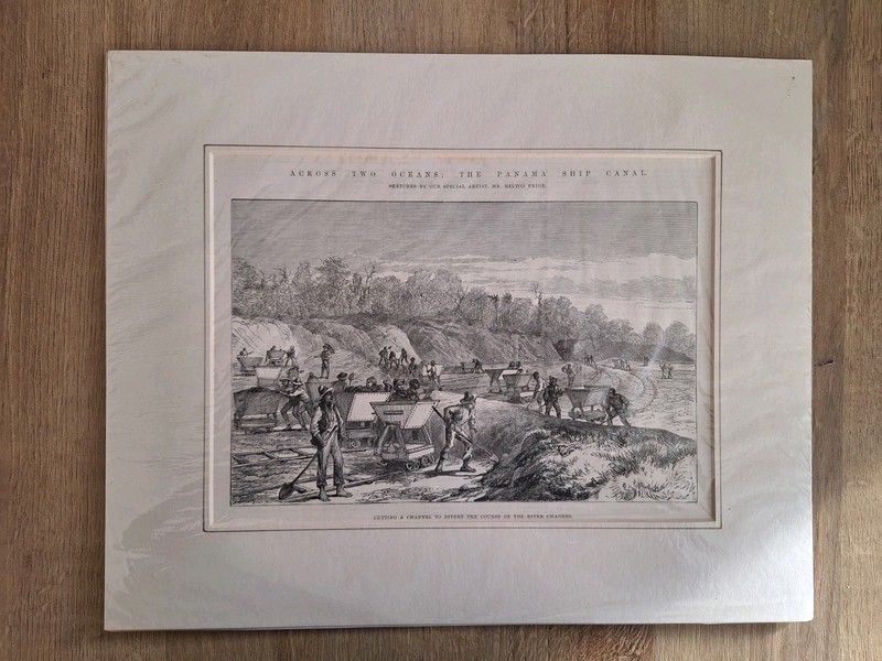 Old 19th C Print Etching Of Panama Canal Workers USA 35 X 27 Cms