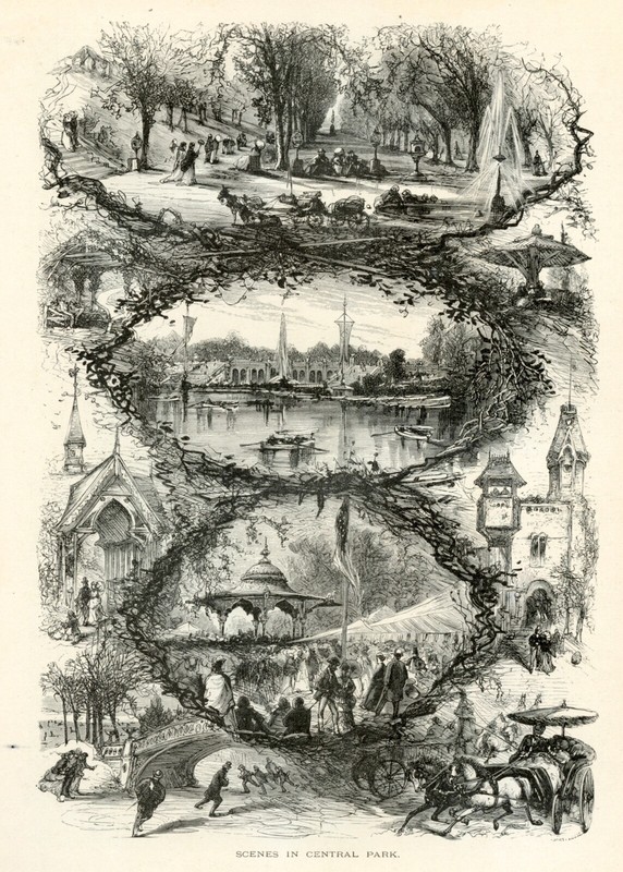 New York Central Park scenes, Historic America 1874 Antique Engraving