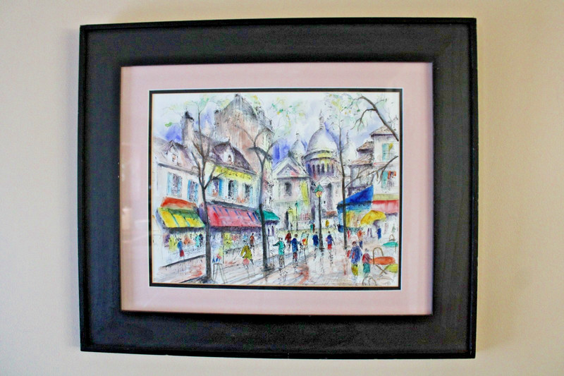 Ink & Watercolor Print Place du Tertre in Paris 25×21″ 3″ Custom Frame Pink Mat