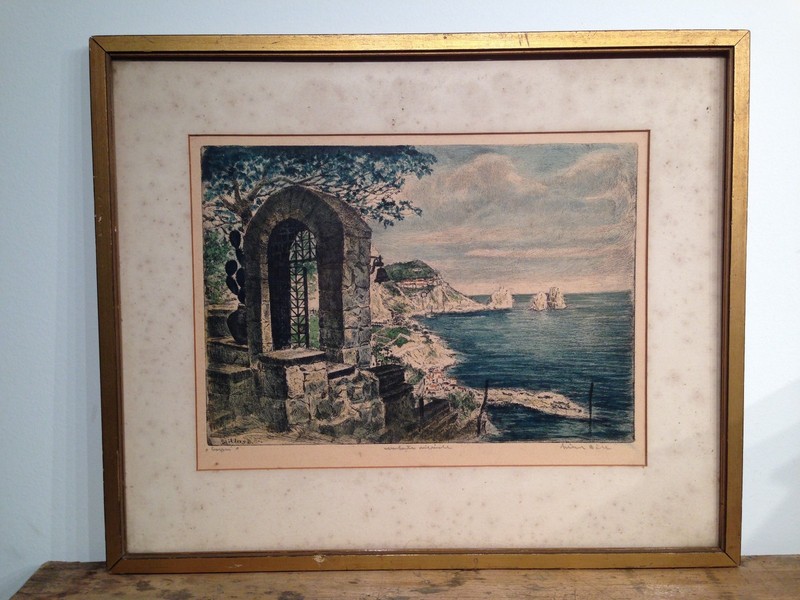 Antique Bela Sziklay ORIG Pencil Signed European Coastline Colored Etching