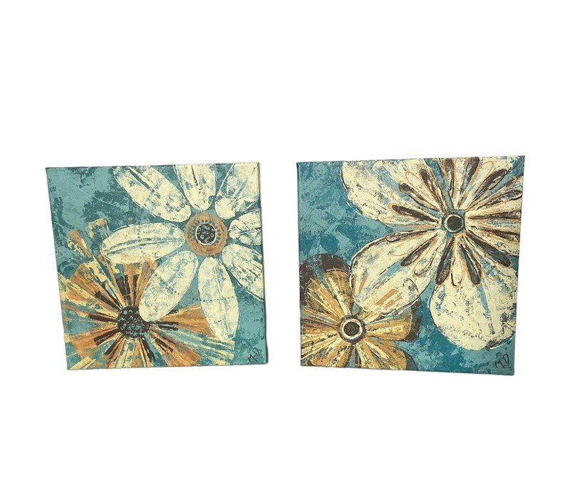 Inkstrey Berkeleys Gallery Wrap Canvas Print Blue yellow Flowers Set of 2