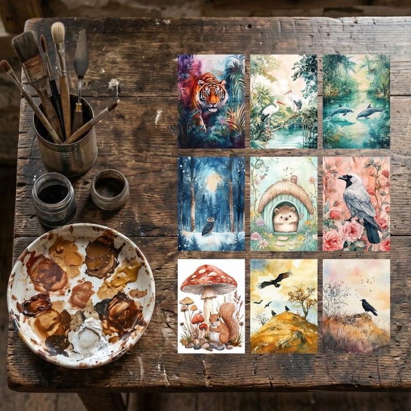 9 Pcs Print ACEO Art Card Bird Crow Owl Hedgehog Animal Limited Edition