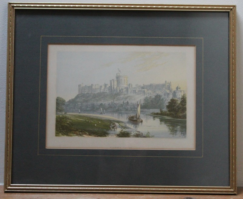 Windsor Castle Framed Antique Colour Engraving after A F Lydon c1905 Thames View