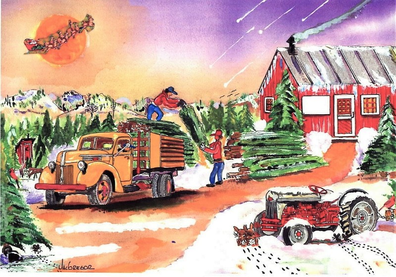 Christmas Tree Farm personalized art print Ford truck 8N Santa Sleigh farmer