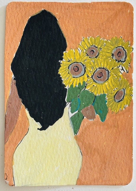 ACEO Original Acrylic & Ink Painting, Sunflower Girl, Mini Art Signed By Artist