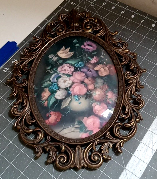 Vintage Italian Ornate Brass Oval Frame Convex Bubble Glass Floral Print 13"x10