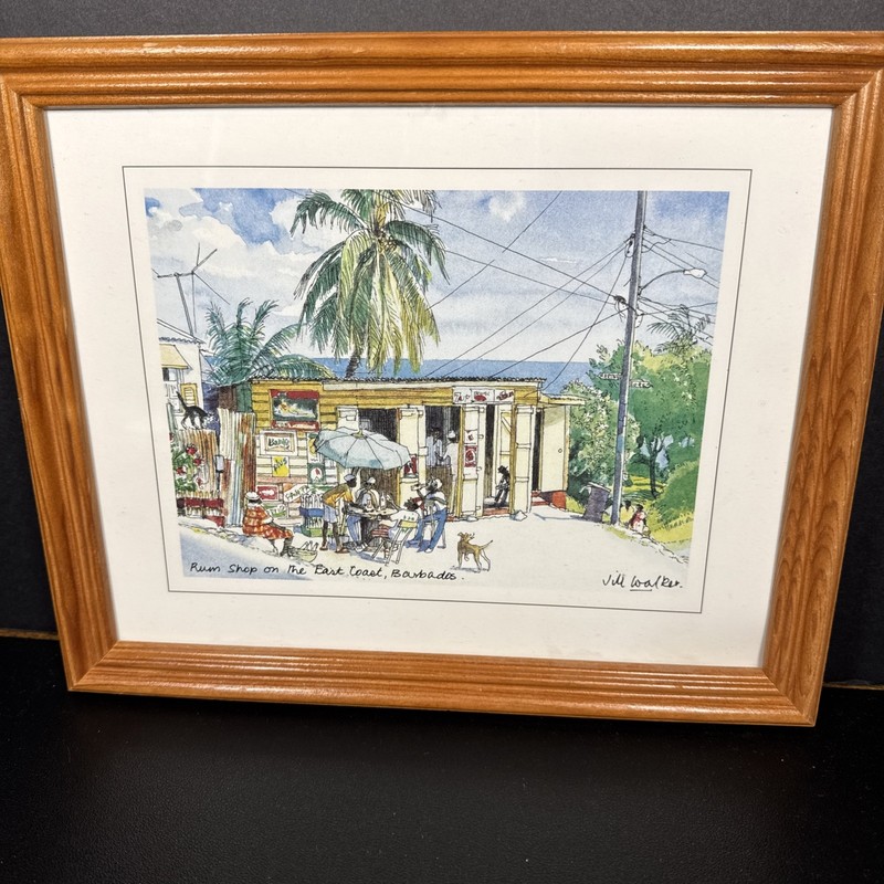 Vtg Jill Walker Wood/Glass Framed 9″X 11″ Rum Shop On The East Coast, Barbados