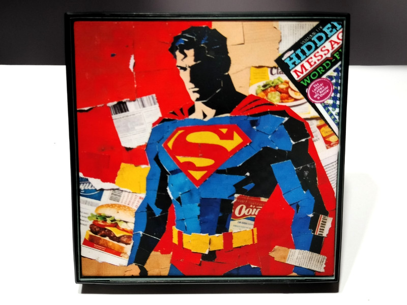 Superman Mixed media collage original art print on 4x4" canvas board Framed NEW gallery