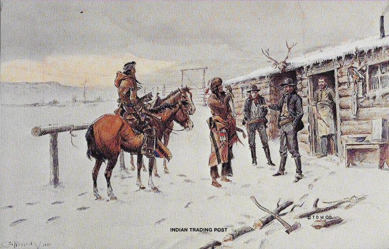 C. M. Russell, Indian Trading Post Cowboys Horses 9″x5 3/4″ Print VTG FREE SHIP