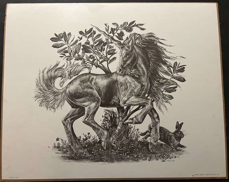 Vintage M Peña Unicorn Print 17×21 Sealed 1981 Rabbit Nature Scene Alberti Desig