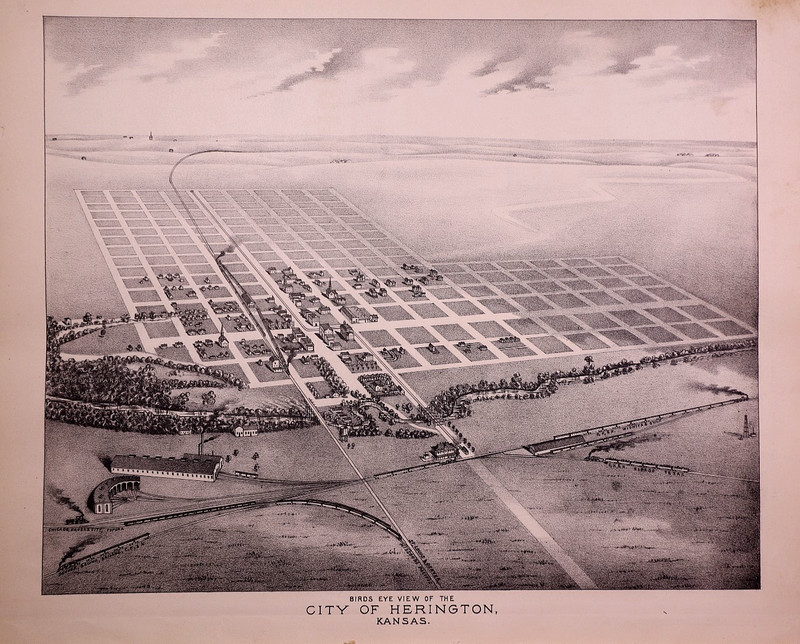 Rare Antique 1887 Print ~ Birds-Eye View of the City of Herington, Kansas