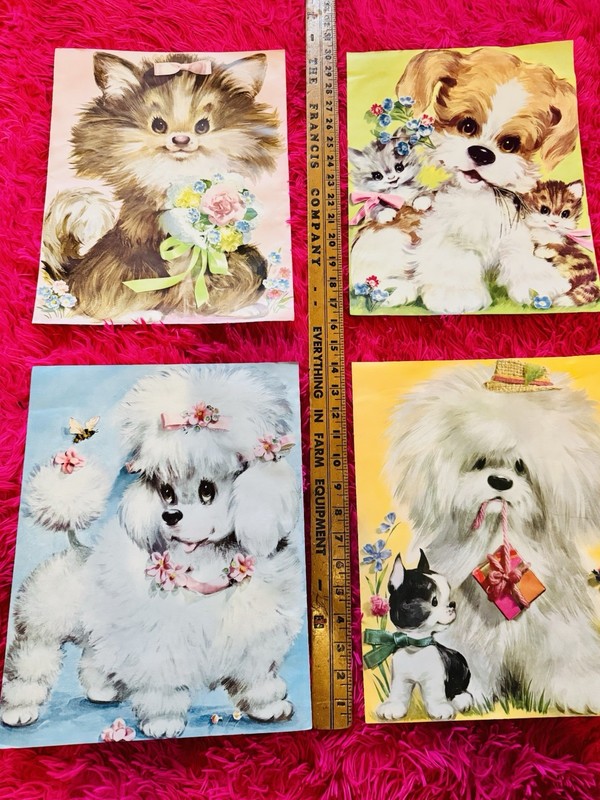 4 VTG Kitschy Pet Prints 11x14” Each Unframed Cute Puppies, Kittens & Flowers 🌺 gallery