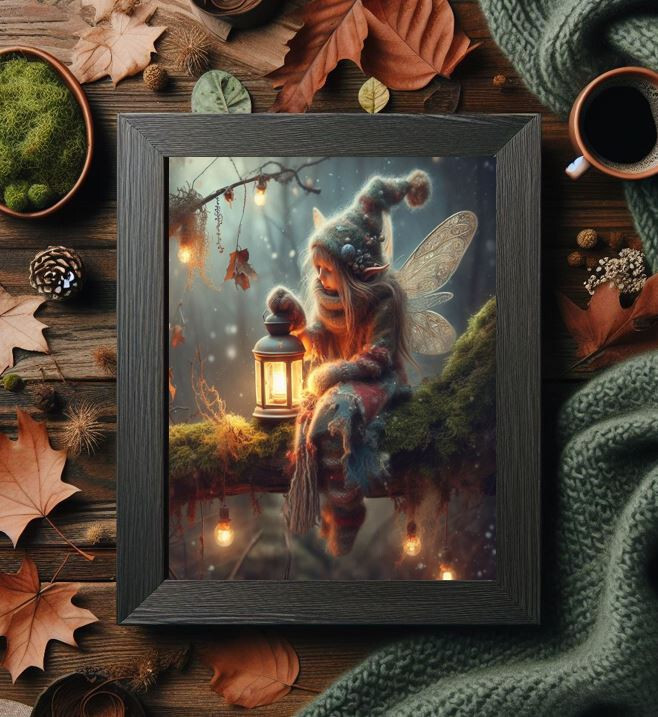 Winter Forest Fairy holding Lantern Whimsical Fantasy Vintage painting print Art