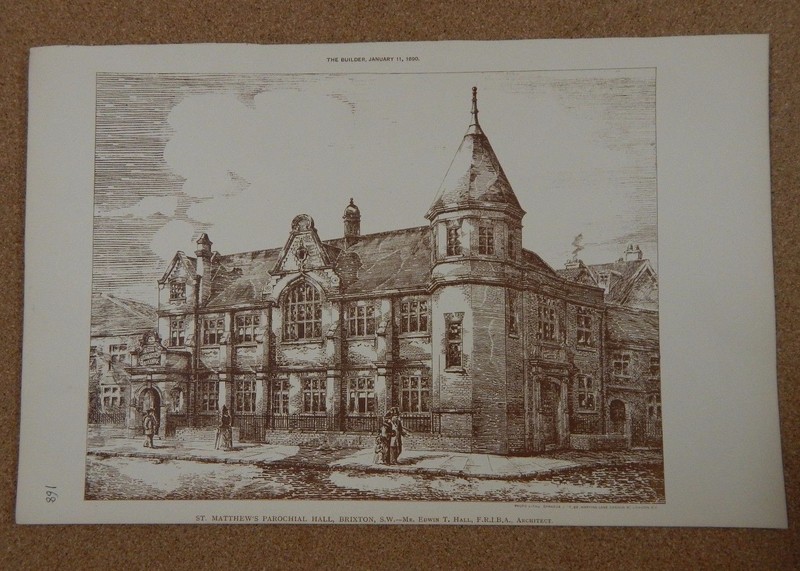Antique Architects Print,St Matthews Parochial Hall Brixton.The builder 1890