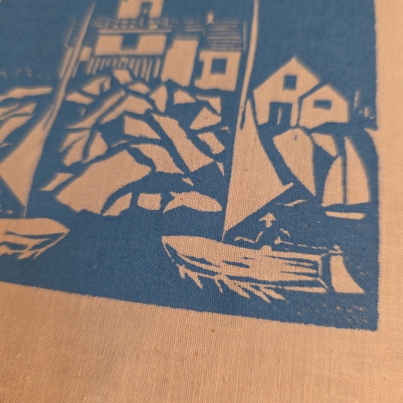 Vintage Hand Block Print on Fabric Lighthouse & Sailboats 7" x 7" gallery