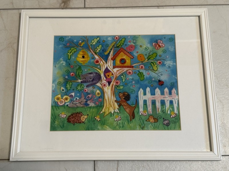 Nursery Art Framed Whimsical Dog Cat Hedgehog Watercolor Kids Print 15×12 Signet