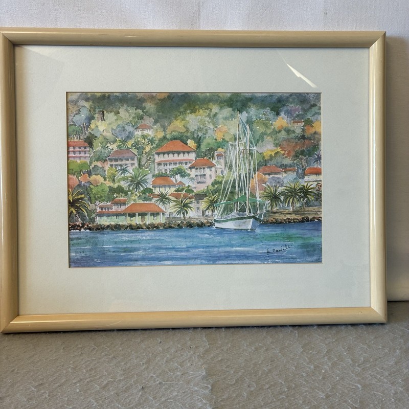 VTG E Cantela Tropical Coastal Harbor Sailboat Lithograph Print Framed 21 X 16