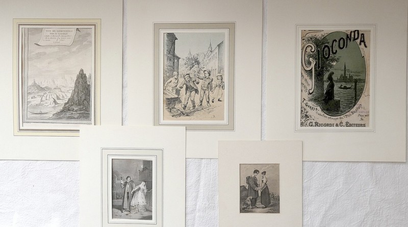 5 Antique Etchings, signed in the plate, 19th cen., in passe-partout
