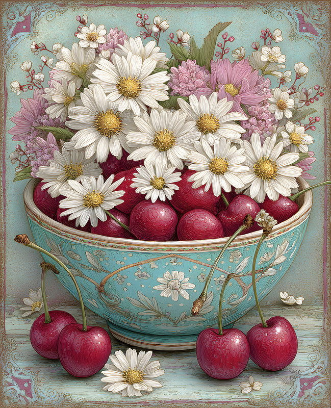 8x10 Cottagecore Storybook Cherries and Daisies Bowl Art Print - 467464053