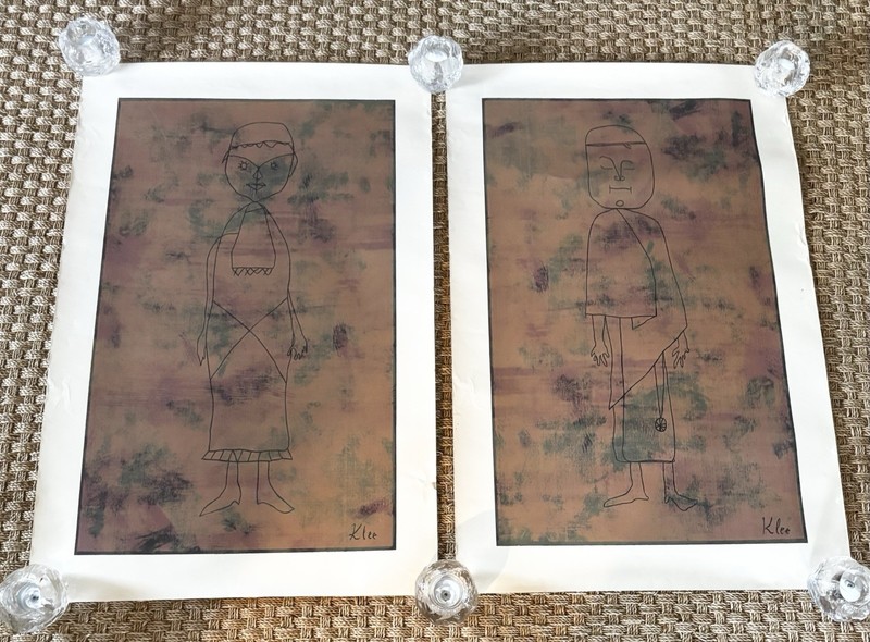 PAIR Vintage Paul Klee Abstract Figures Man And Woman Offset Lithographs 35”