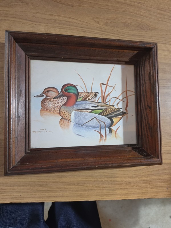 Vintage Duck Print Gregory F Messier Framed Wildlife Art Green Wing Teal Pair.