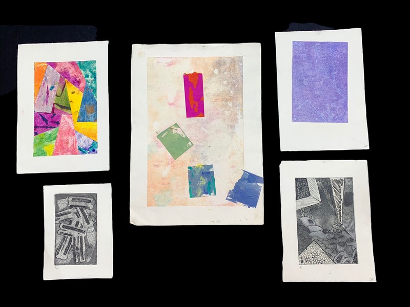 Vintage Original Set of 5 Abstract Block Prints Black/White & Colored