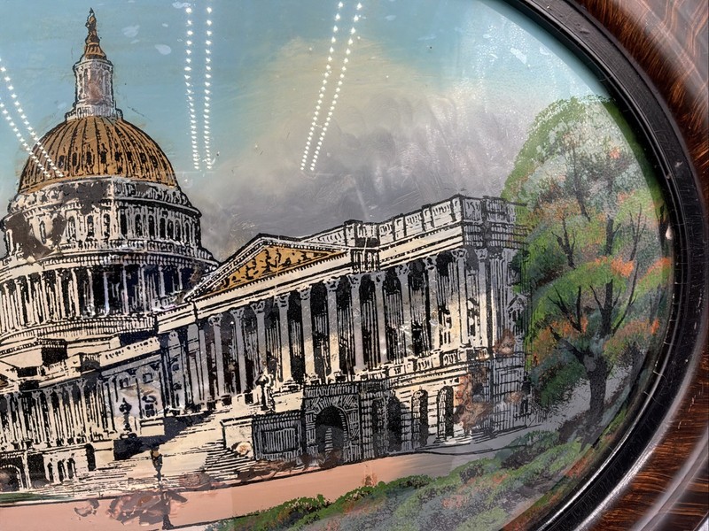 Vintage U.S. Capitol Washington DC Reverse Painted Convex Glass Oval Frame 24.5” gallery