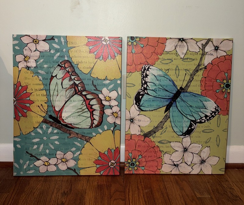 PIER 1 Flower Butterfly Canvas Large Wall Hanging Art Colorful Set of 2 Pictures