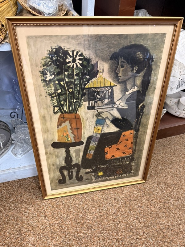 Mid-century 50s Print- Melancholie by Roger Chaput 24x16 -Girl Knitting