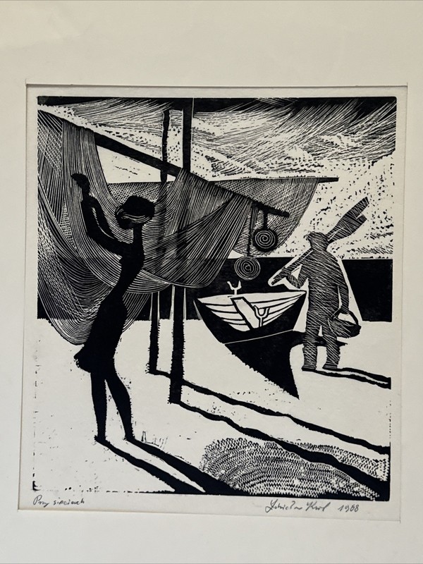 Zdsizlaw Krol Woodcut Woodblock Print WPA Style Beach Coast Fisherman Portrait
