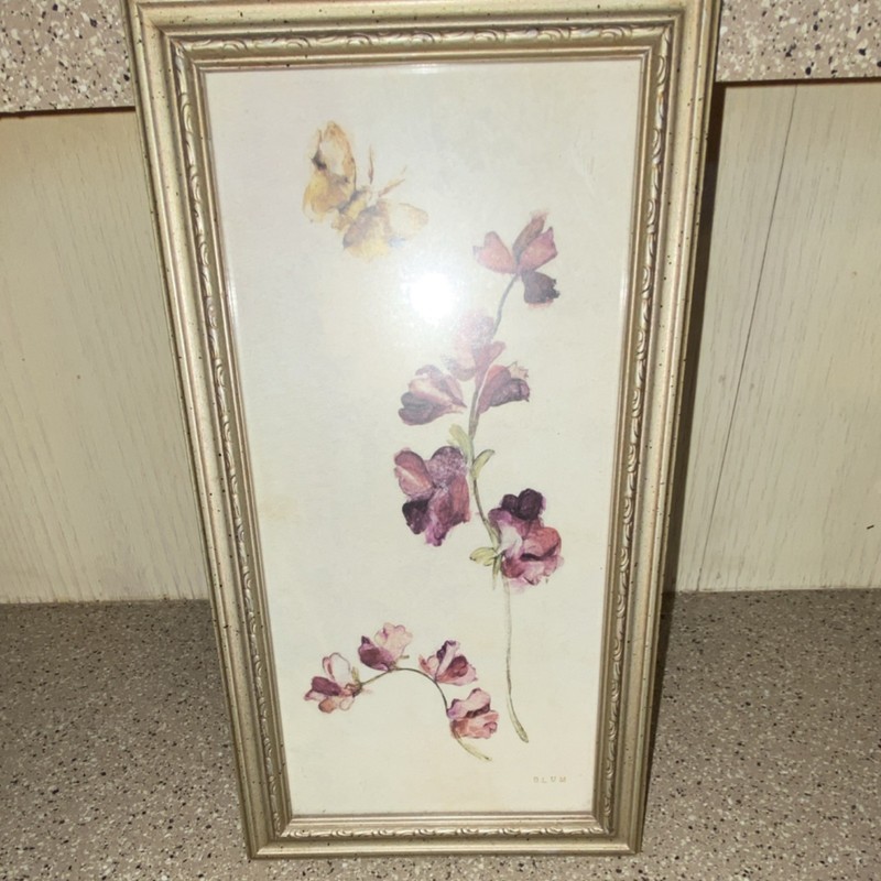 BLUM Framed Floral and Butterfly Print Portrait Art Nature Theme