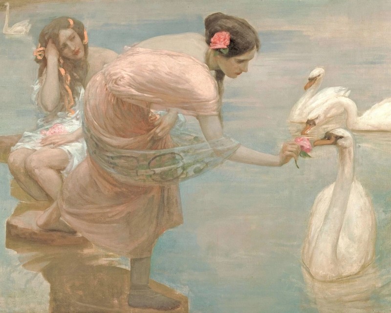 1800s Woman with Swan Vintage painting poster print Home Decor