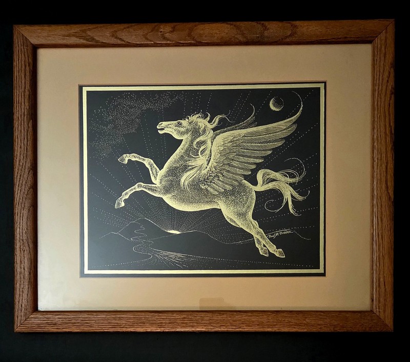 Paul M. Breeden Pegasus 1981 Gold Foil Scratchboard Etching Print Framed 22×18