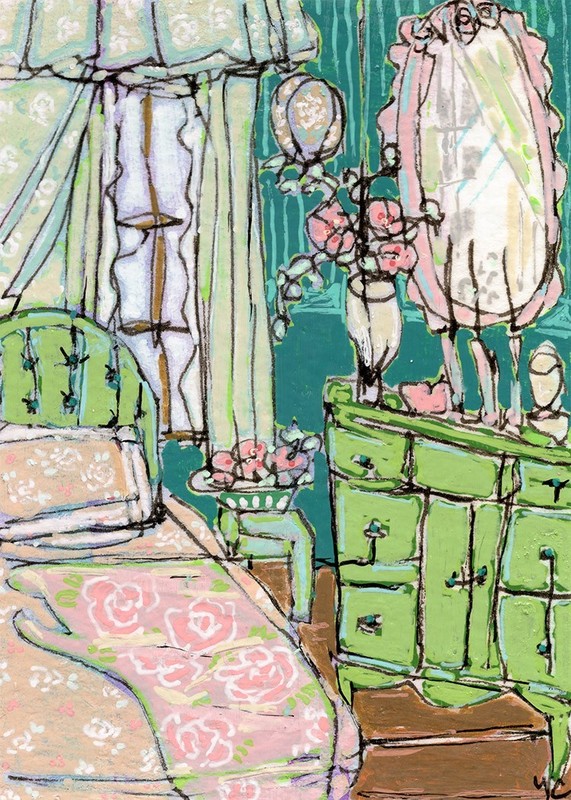 ACEO Pink & Green Bedroom Art PRINT 2.5×3.5 Archival Mini – Yary Corbin