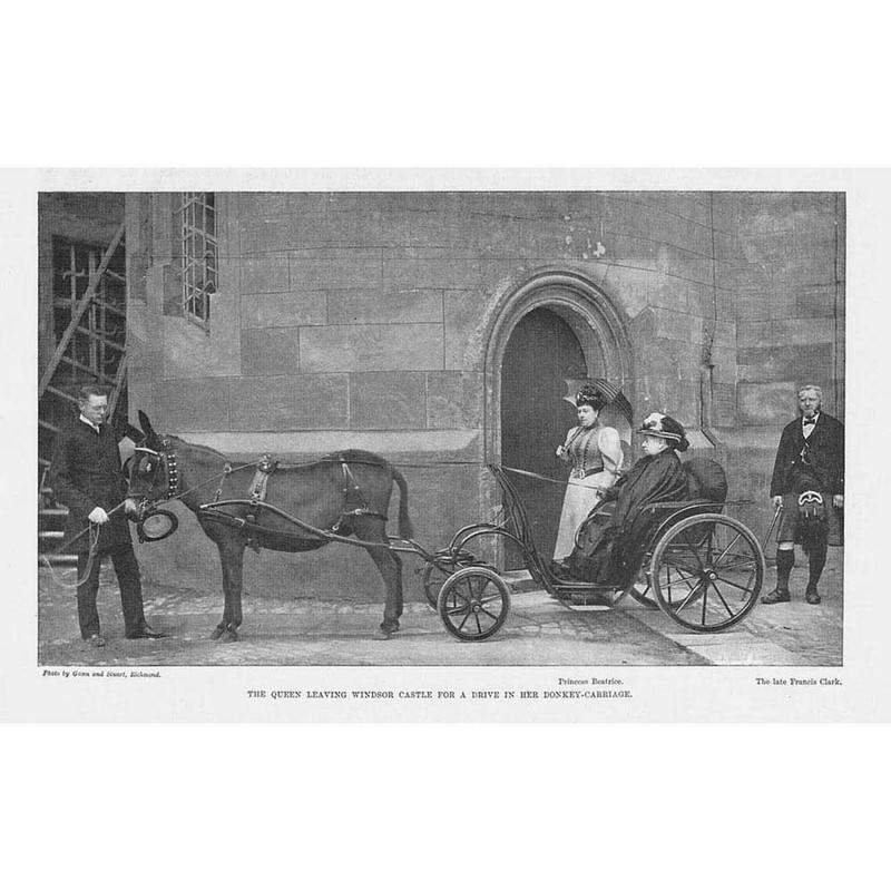 Queen Victoria Leaving Windsor Castle in a Donkey Cart – Antique Print 1895