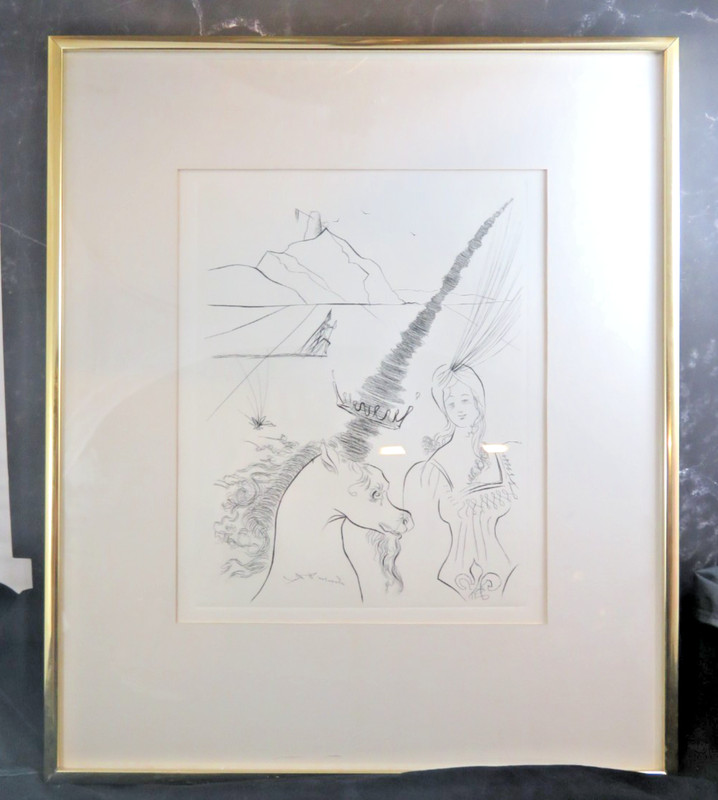 Vintage 1966 Salvador Dali «Lady and the Unicorn» Framed Etching 15 1/4″ X 18″