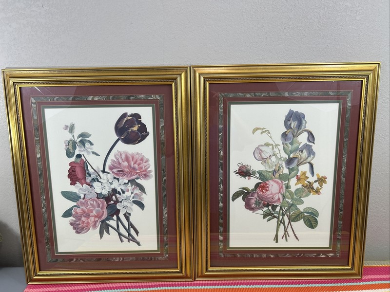 2 Set Marked 24″ x 30″ Somerset Custom Glass Framed Floral Print Pictures Bundle
